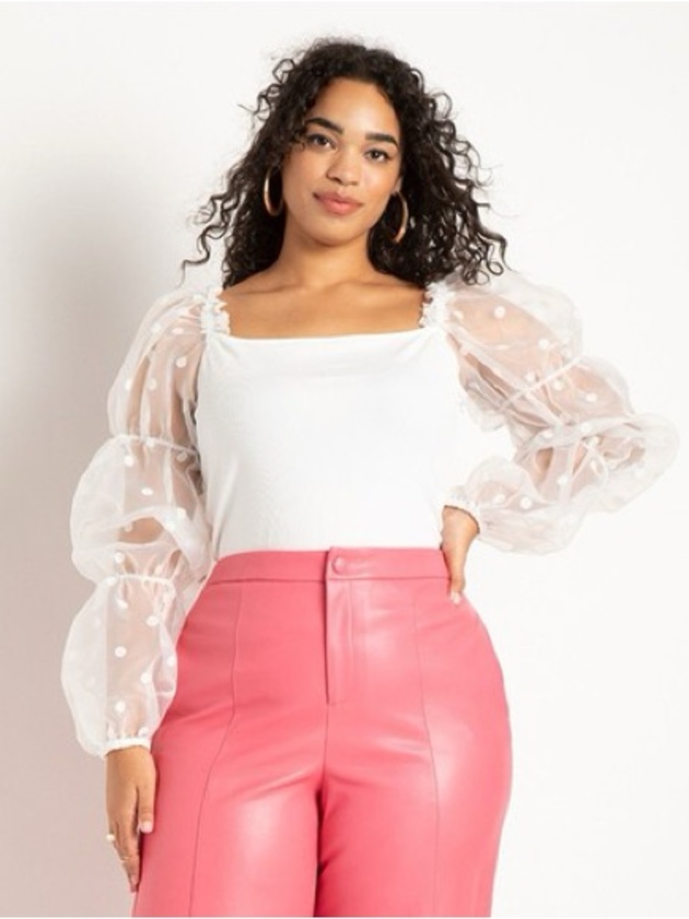Eloquii White Sheer Polka-Dot Puff Sleeve Square Neck Top